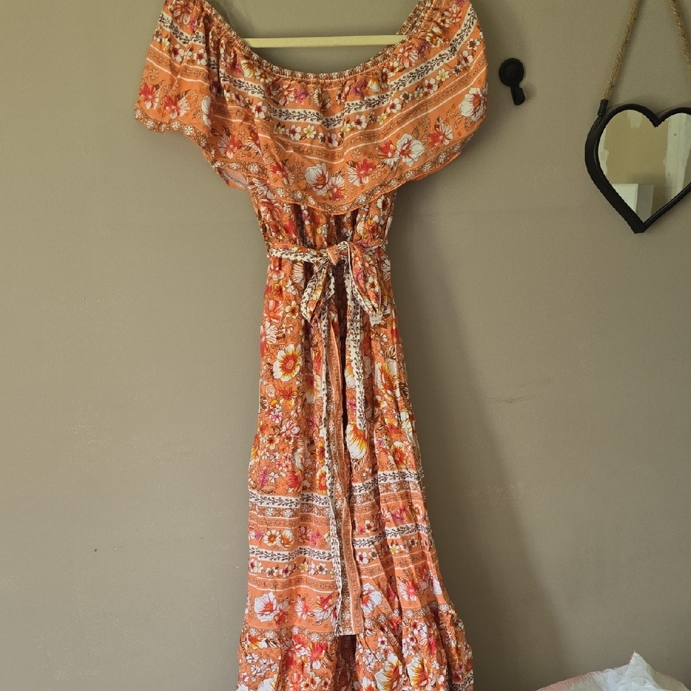 HYFVE Orange Off-Shoulder Flutter Sleeve Maxi Dress